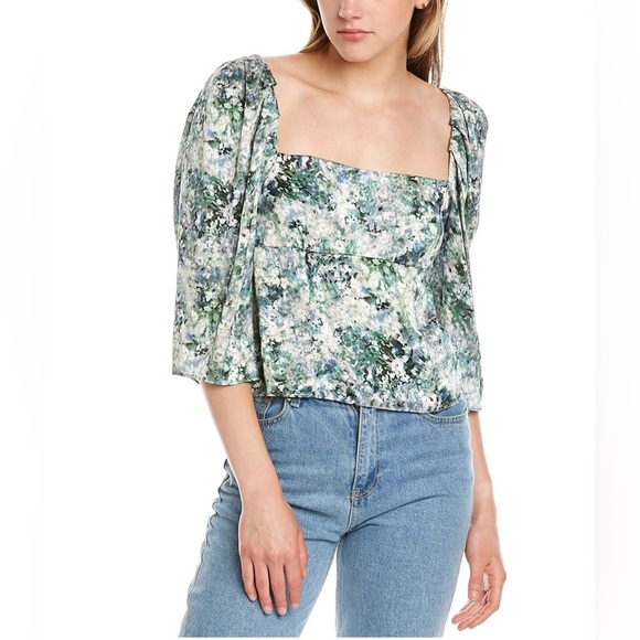 VINCE Green and blue floral print puff sleeve square neck top size 4 - Picture 1 of 15